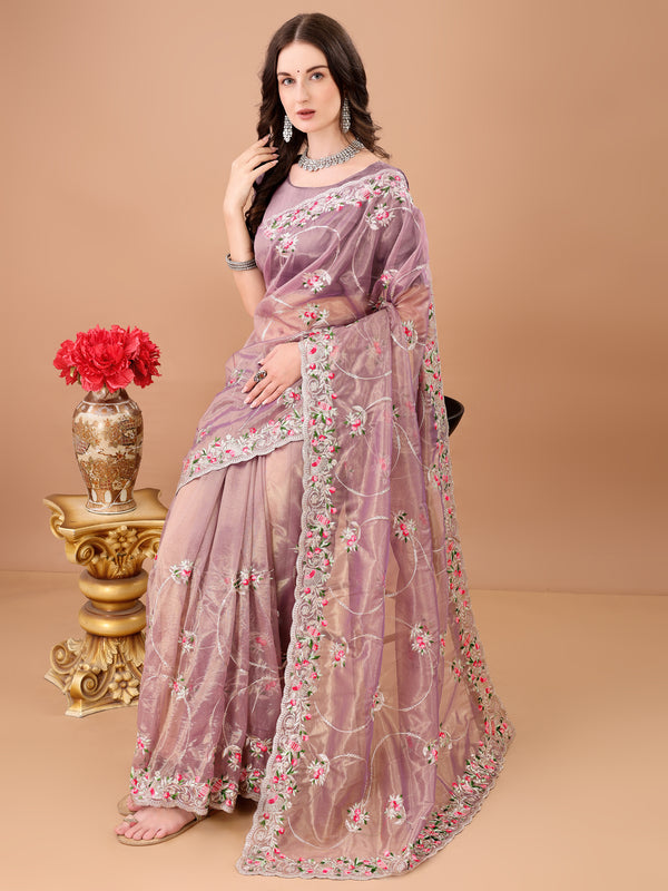 Floral Embroidered Twill Net Saree