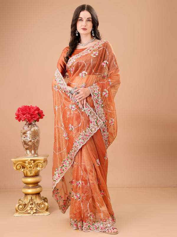 Floral Embroidered Twill Net Saree