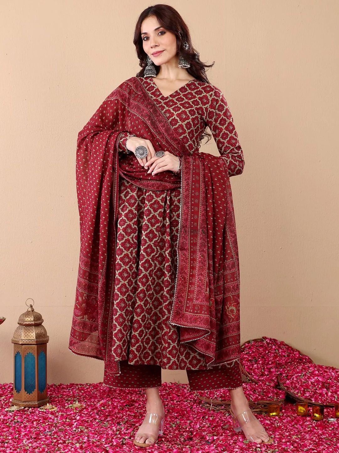 Maroon Printed Kurta with Trousers with Dupatta
