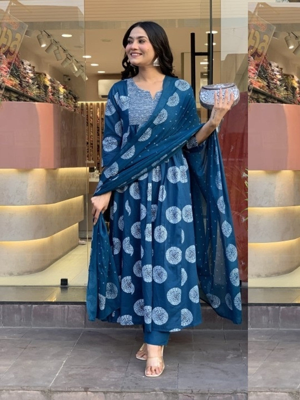 Blue Printed Kurta with Trousers and Dupatta