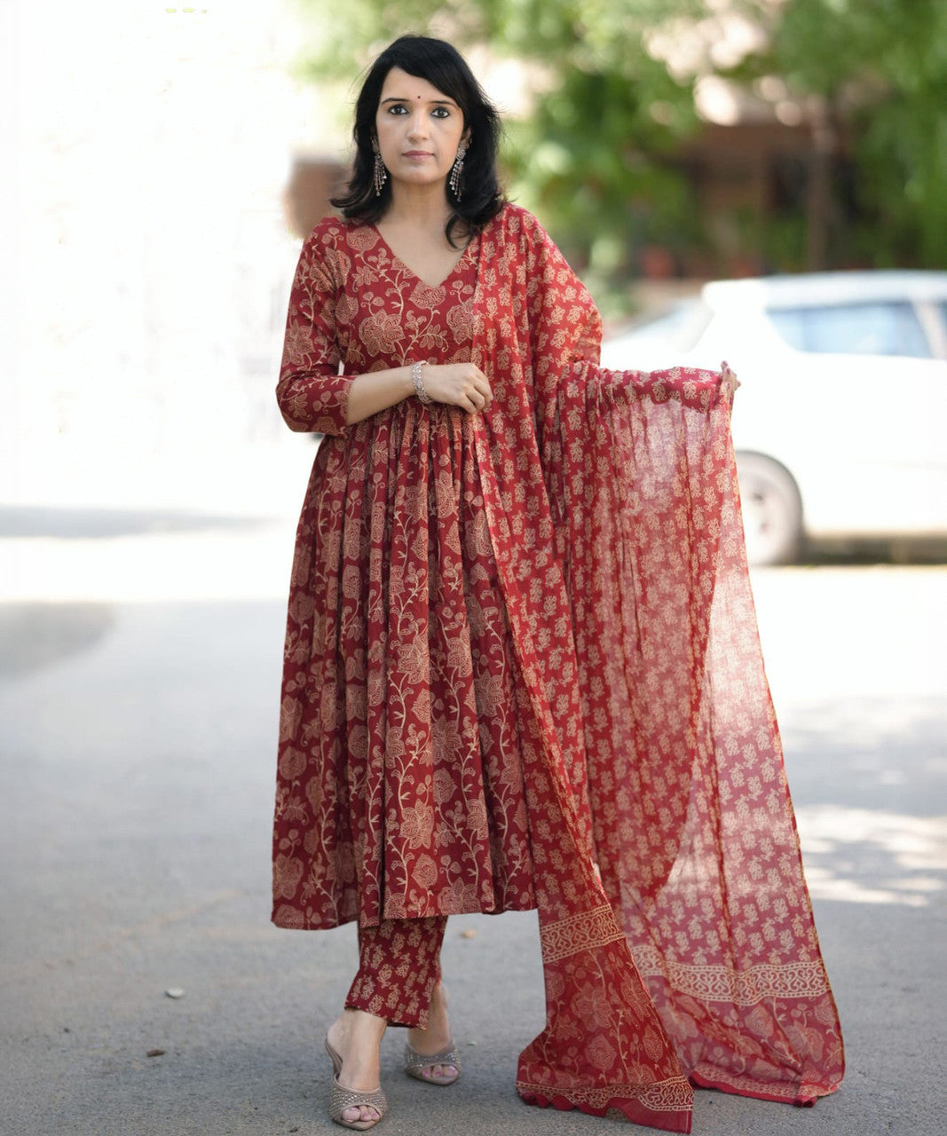 Red Printed Kurta with Trousers with Dupatta