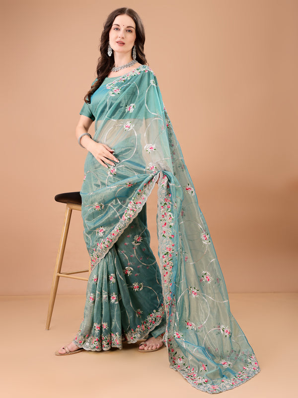 Floral Embroidered Twill Net Saree