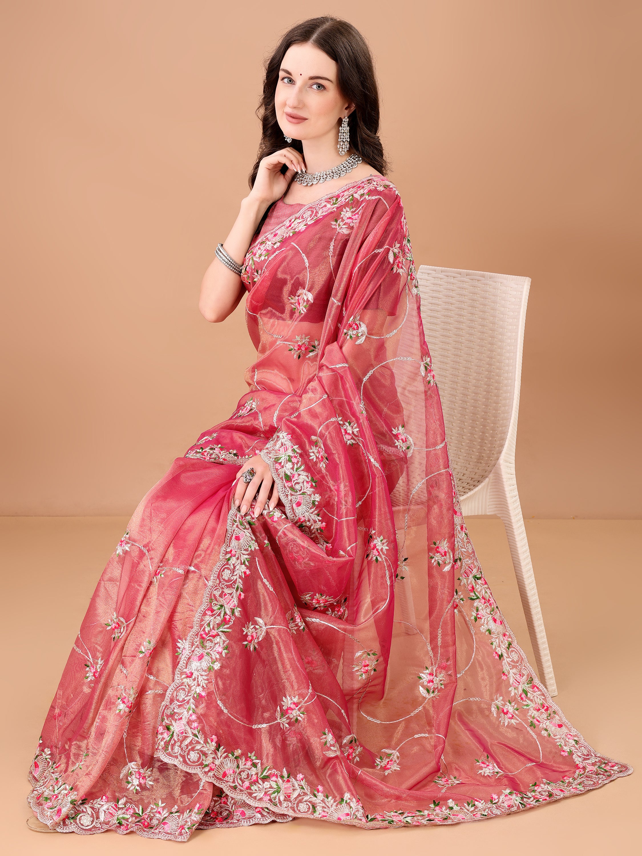 Floral Embroidered Twill Net Saree