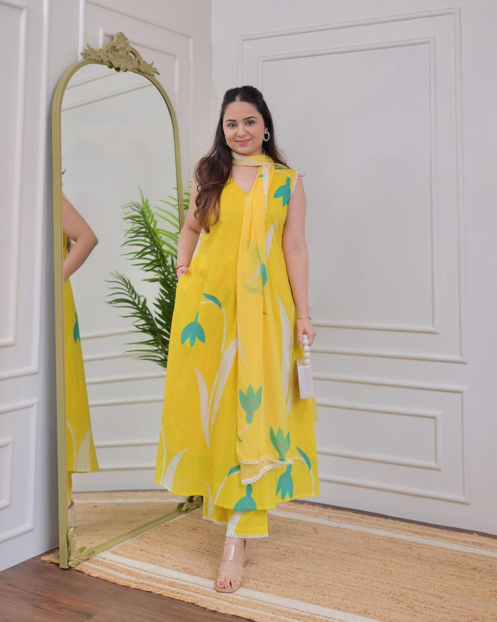 Yellow Printed Kurta with Trousers and Dupatta