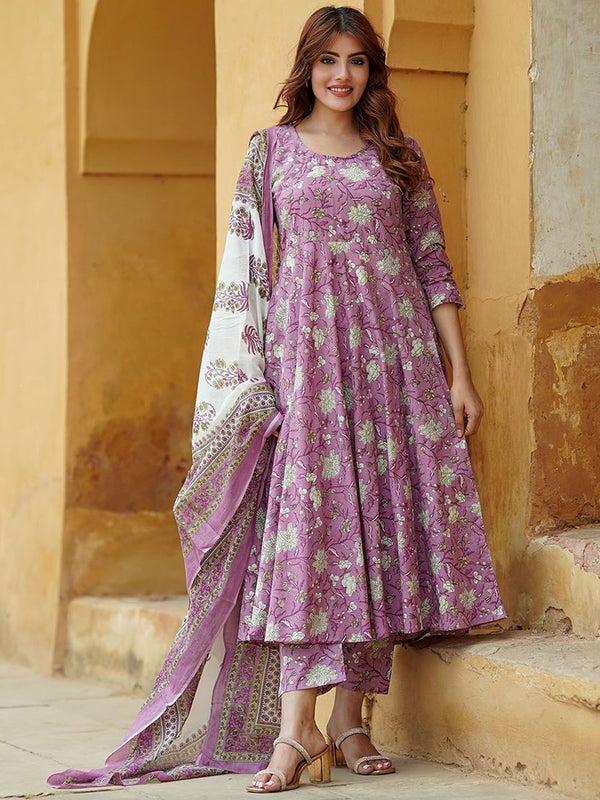 Lavender Printed Kurta with Trousers with Dupatta