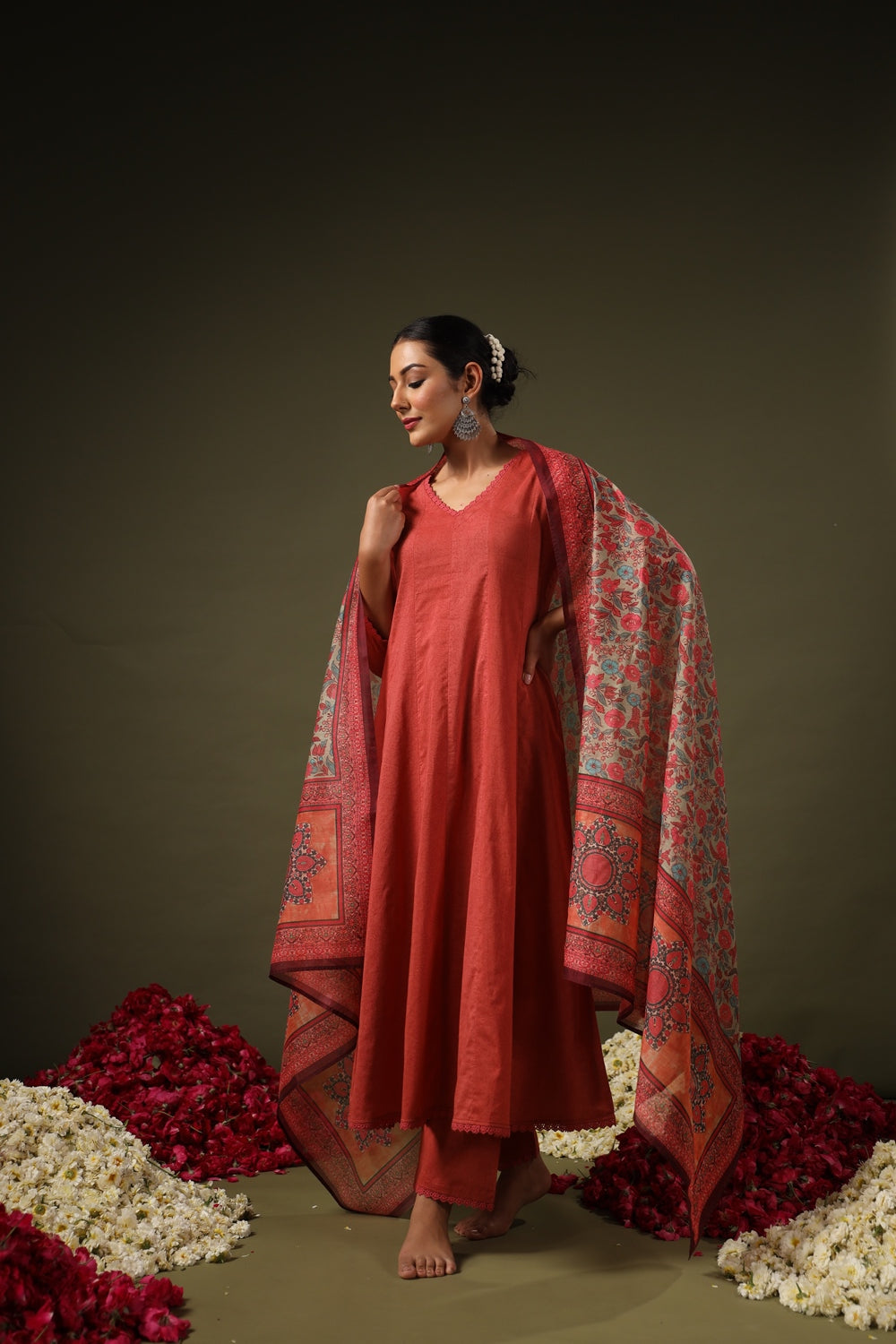 Red Self Design Kurta with Trousers with Dupatta