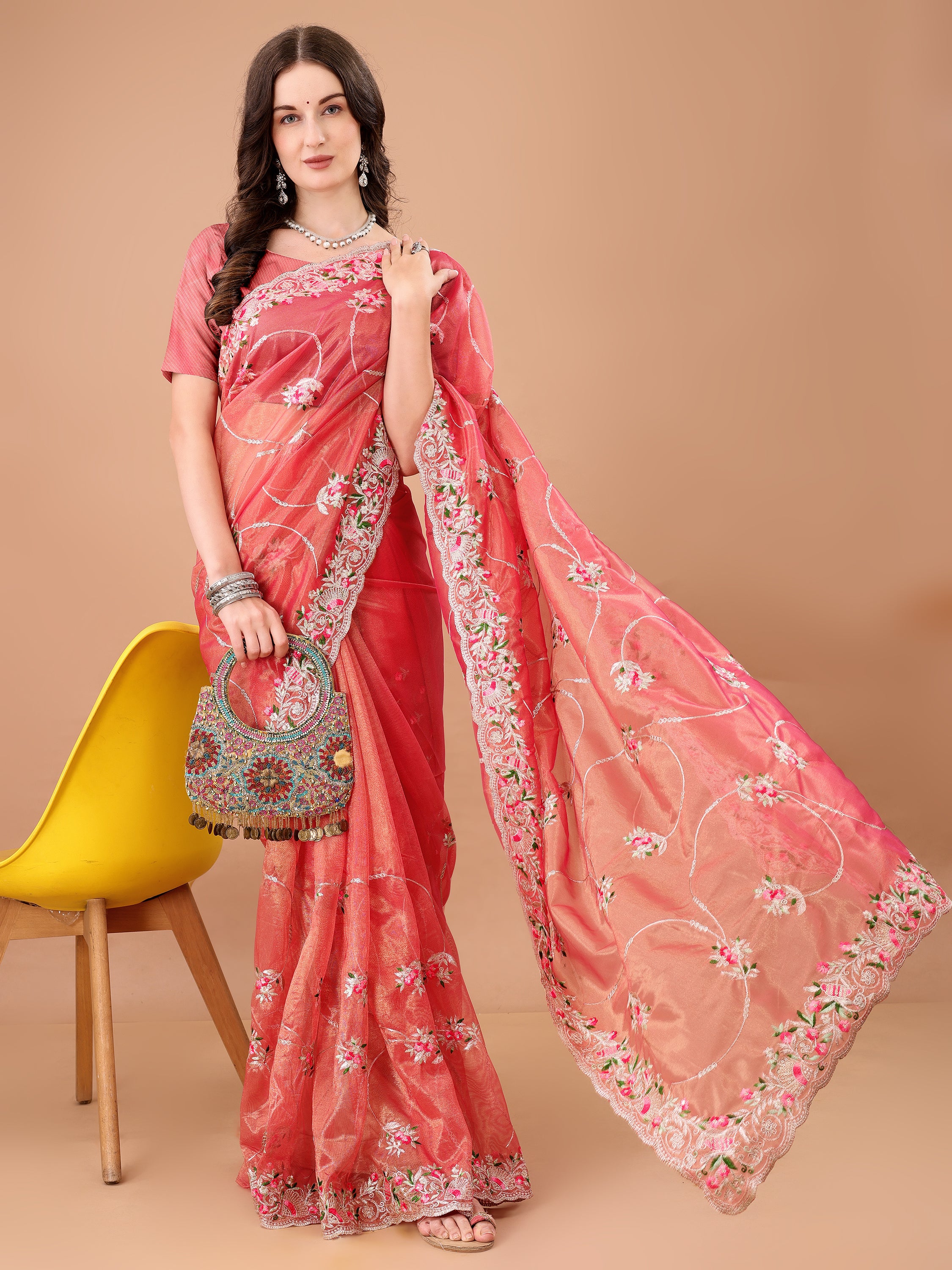Floral Embroidered Twill Net Saree
