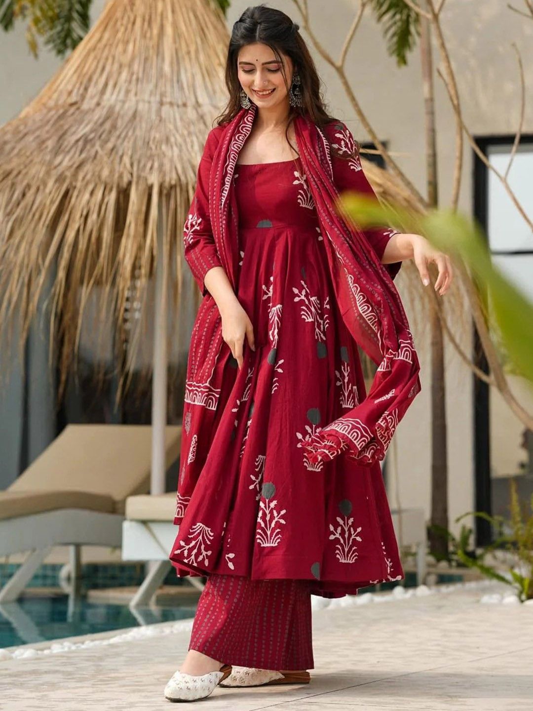 Maroon Printed Kurta with Palazzos with Dupatta