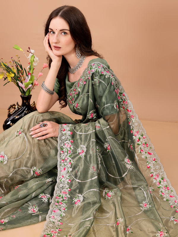 Floral Embroidered Twill Net Saree