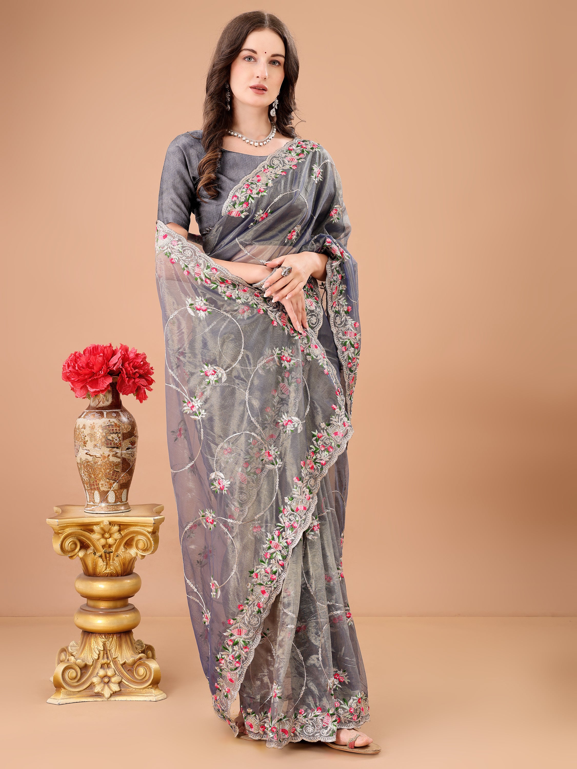 Floral Embroidered Twill Net Saree