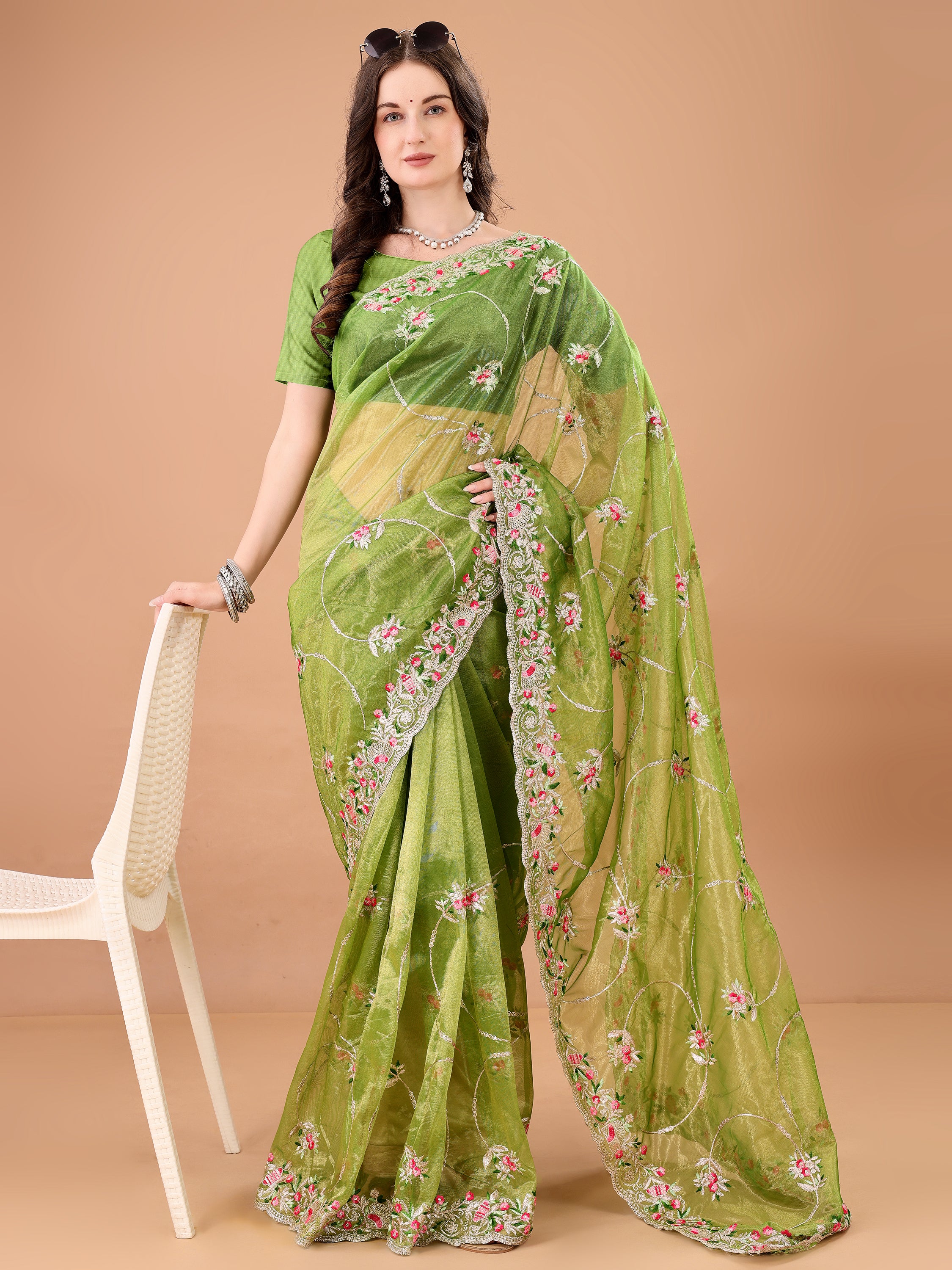 Floral Embroidered Twill Net Saree