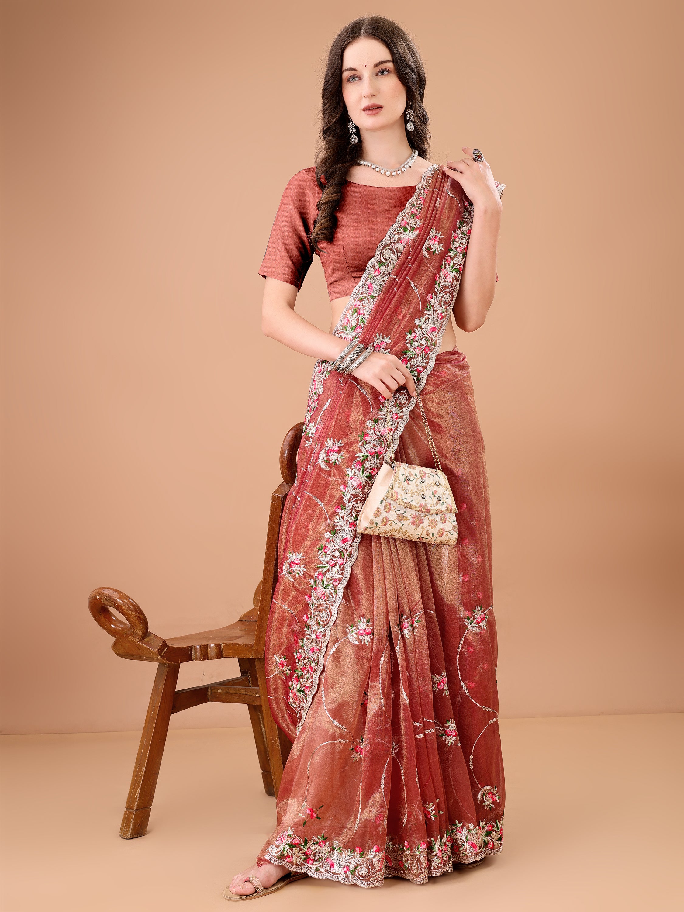 Floral Embroidered Twill Net Saree