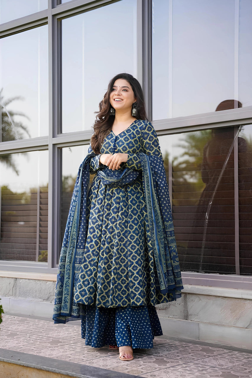 Navy Blue Printed Kurta with Palazzos with Dupatta