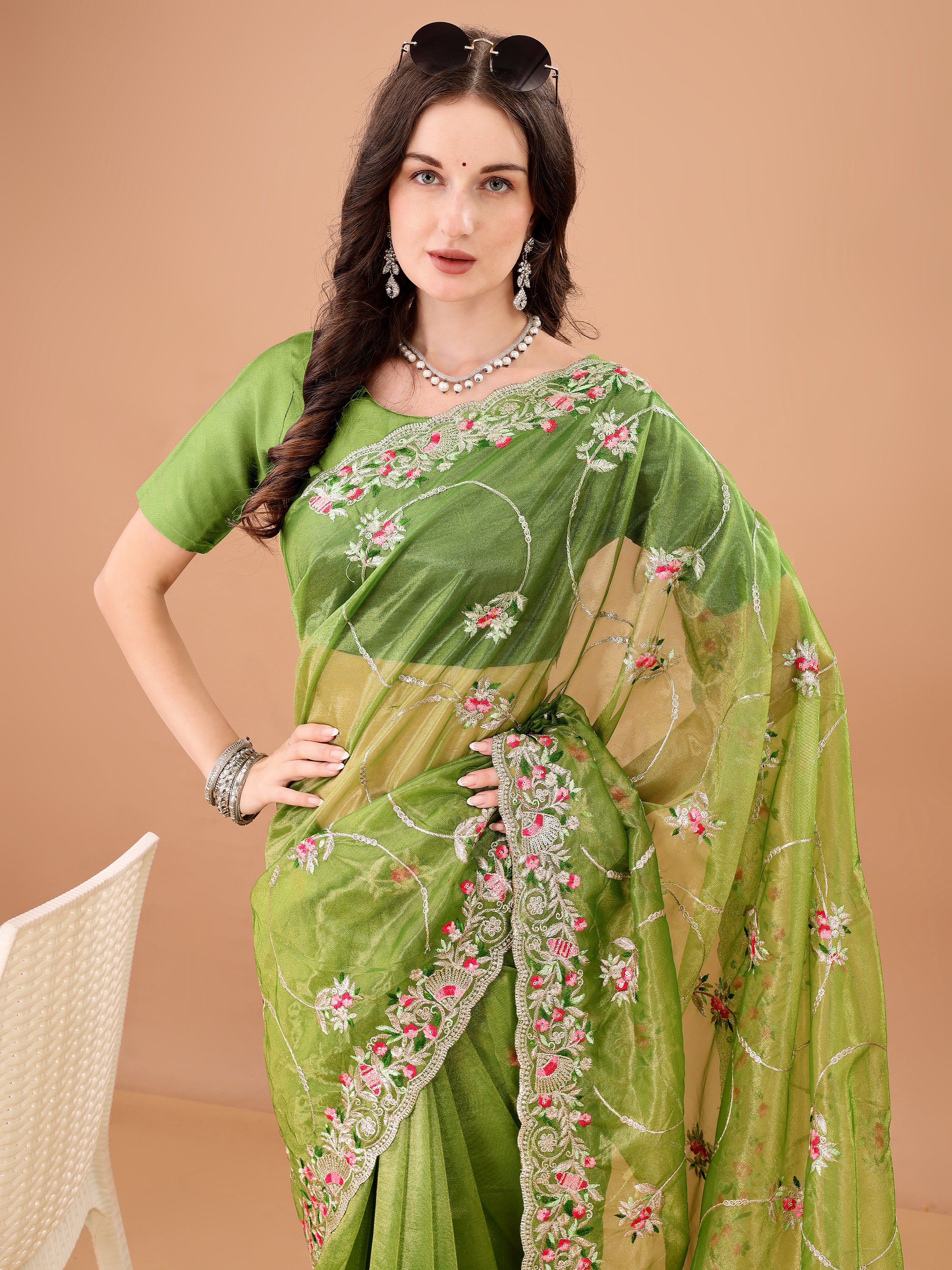 Floral Embroidered Twill Net Saree