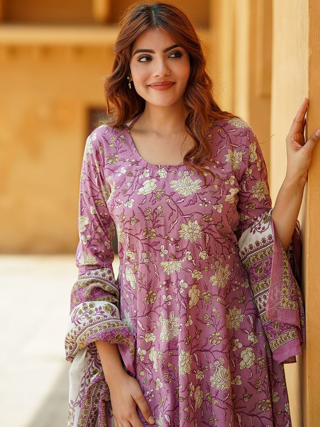 Lavender Printed Kurta with Trousers with Dupatta