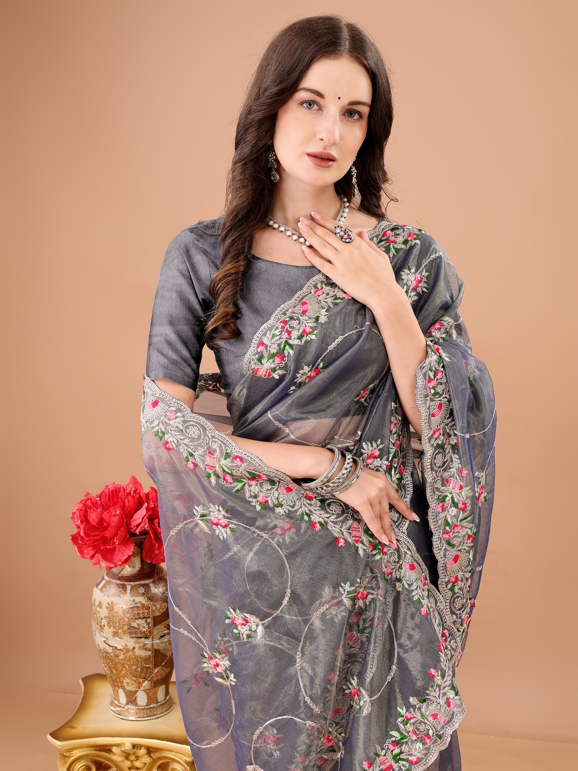 Floral Embroidered Twill Net Saree