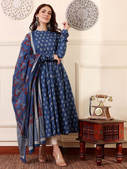 Blue Printed Kurta with Trousers with Dupatta