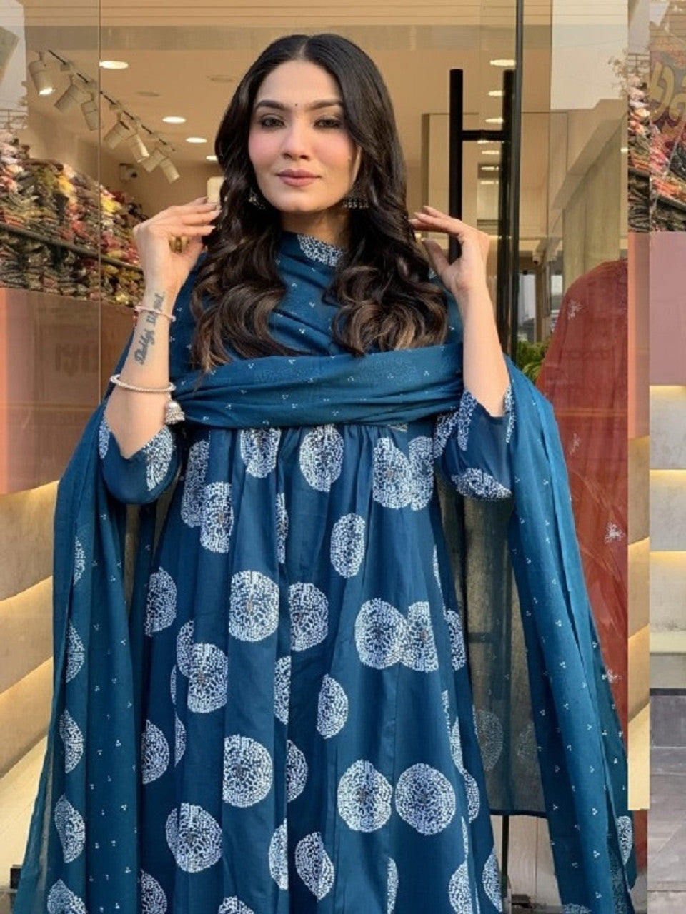 Blue Printed Kurta with Trousers and Dupatta