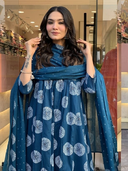 Blue Printed Kurta with Trousers and Dupatta