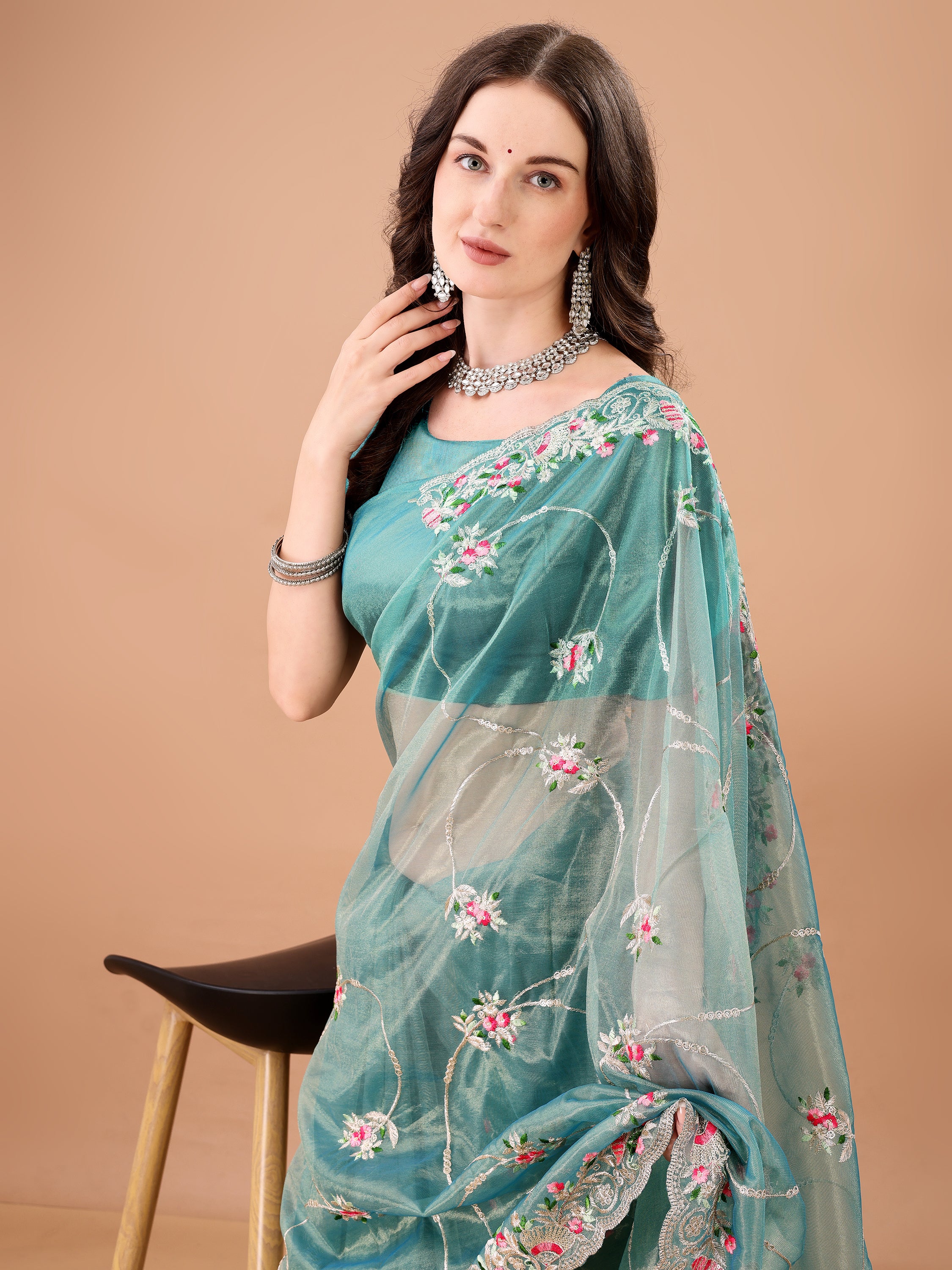 Floral Embroidered Twill Net Saree