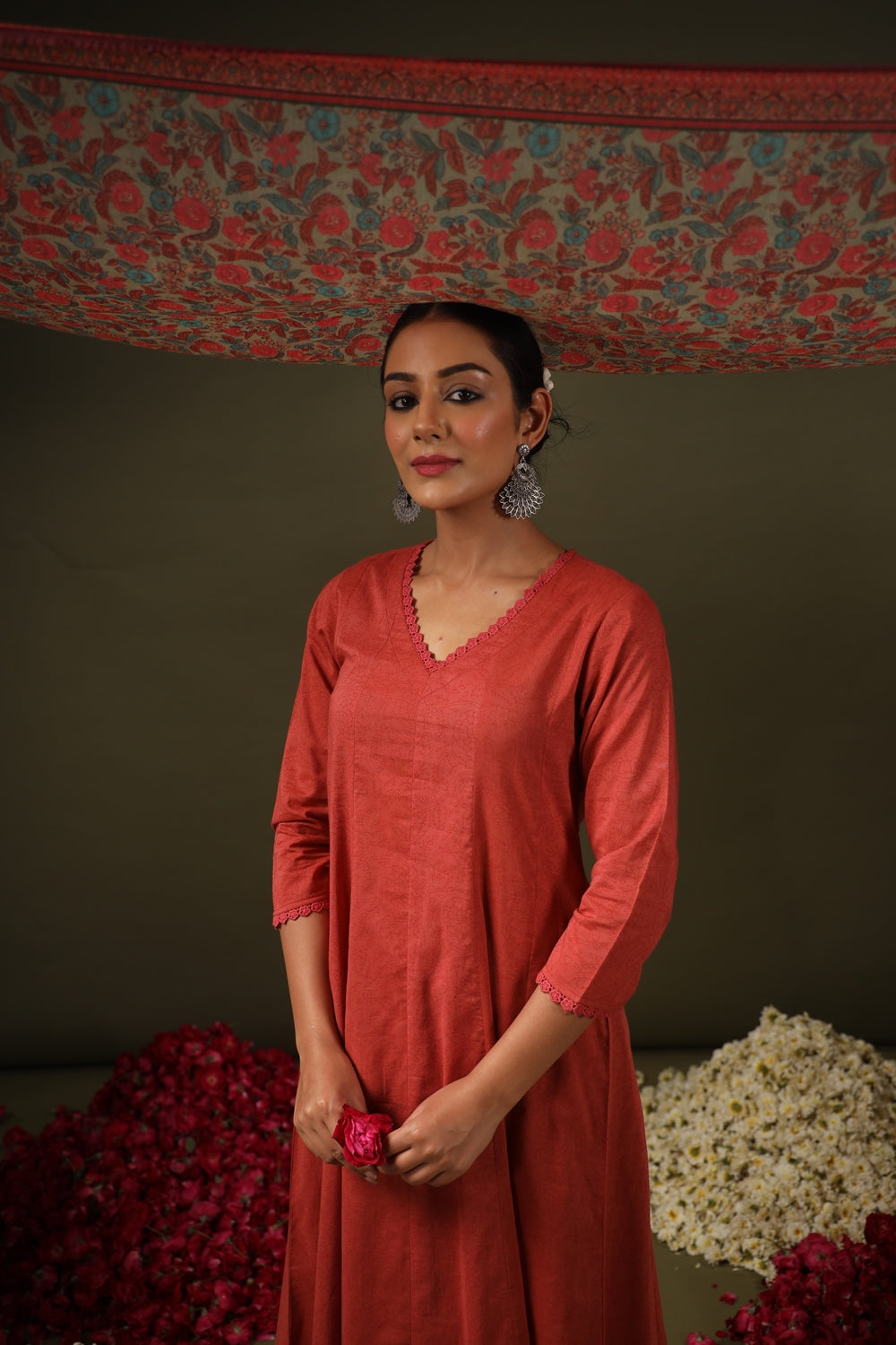 Red Self Design Kurta with Trousers with Dupatta