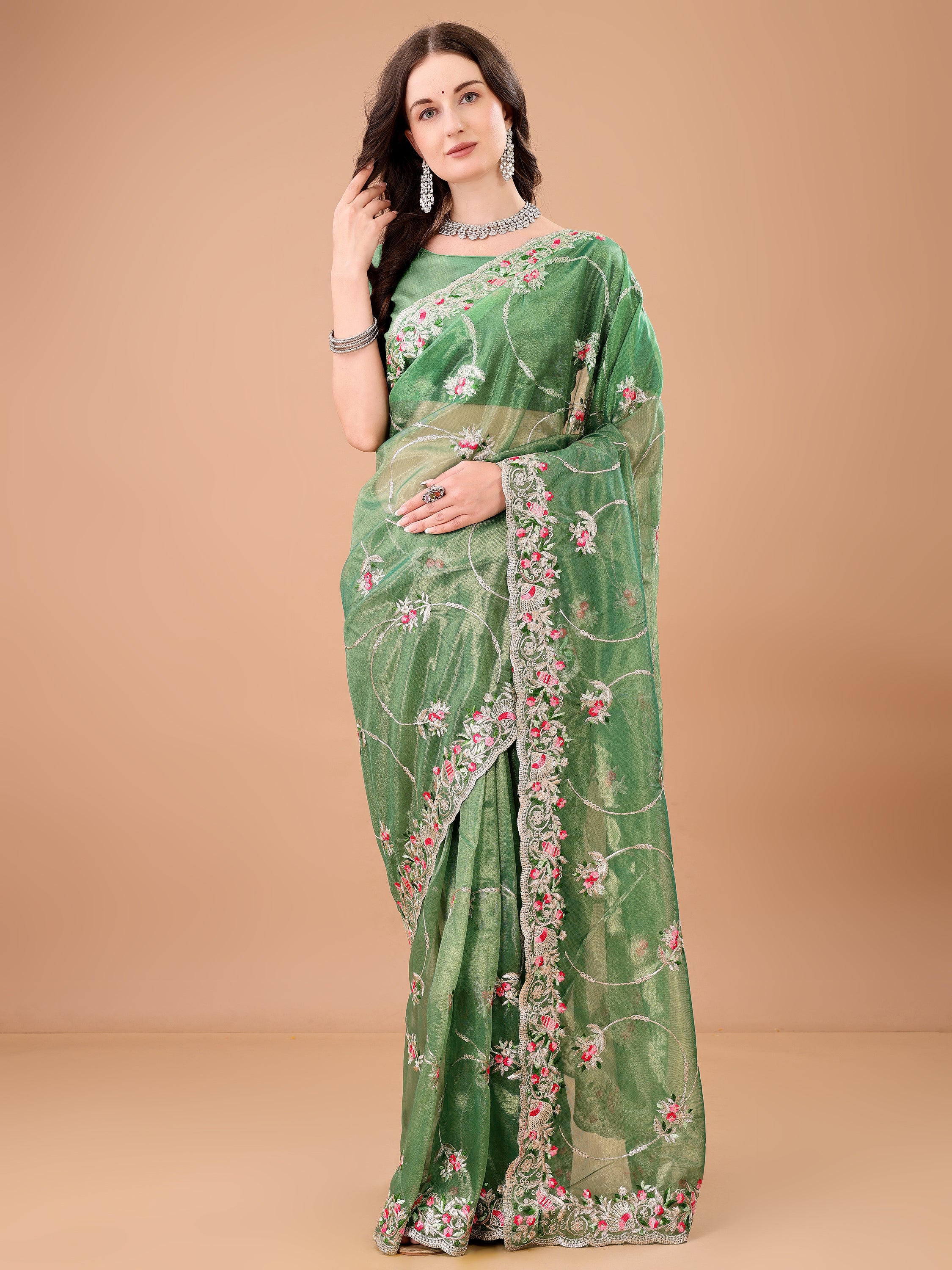 Floral Embroidered Twill Net Saree