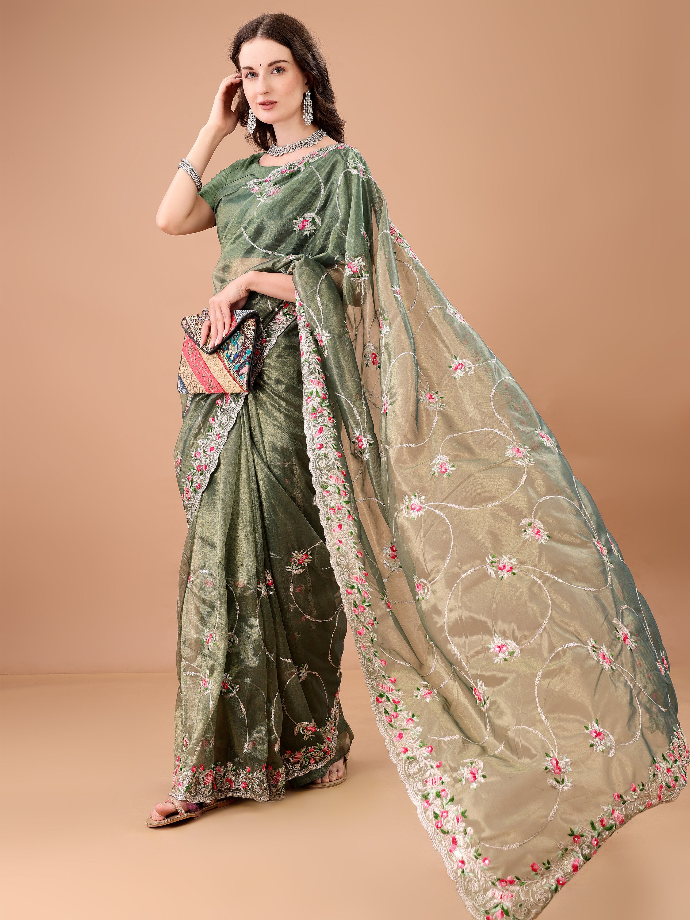 Floral Embroidered Twill Net Saree
