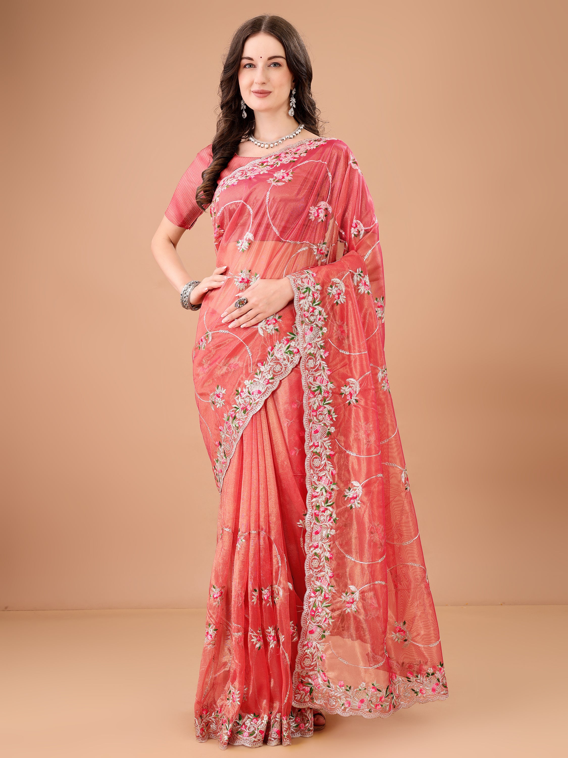 Floral Embroidered Twill Net Saree