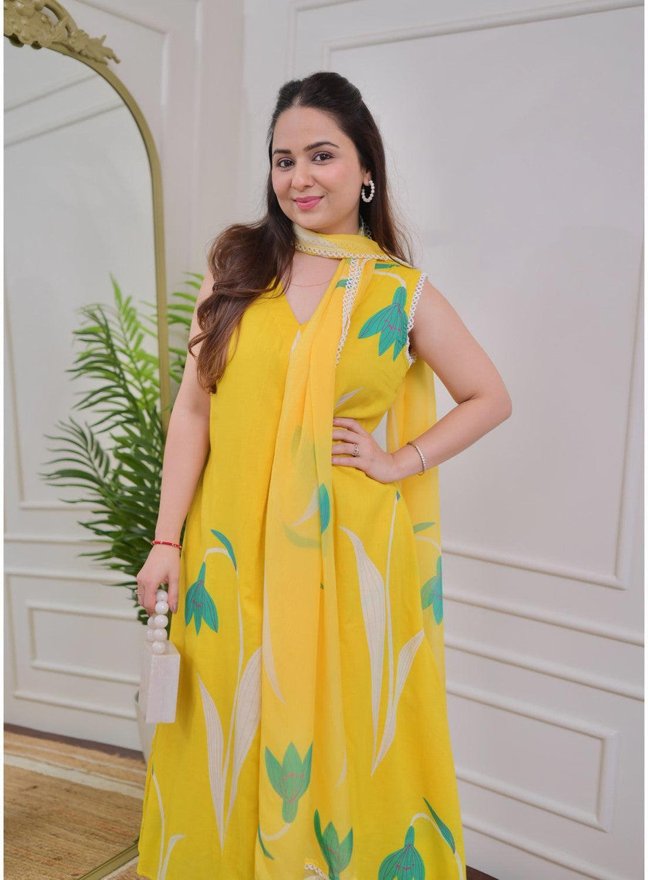 Yellow Printed Kurta with Trousers and Dupatta