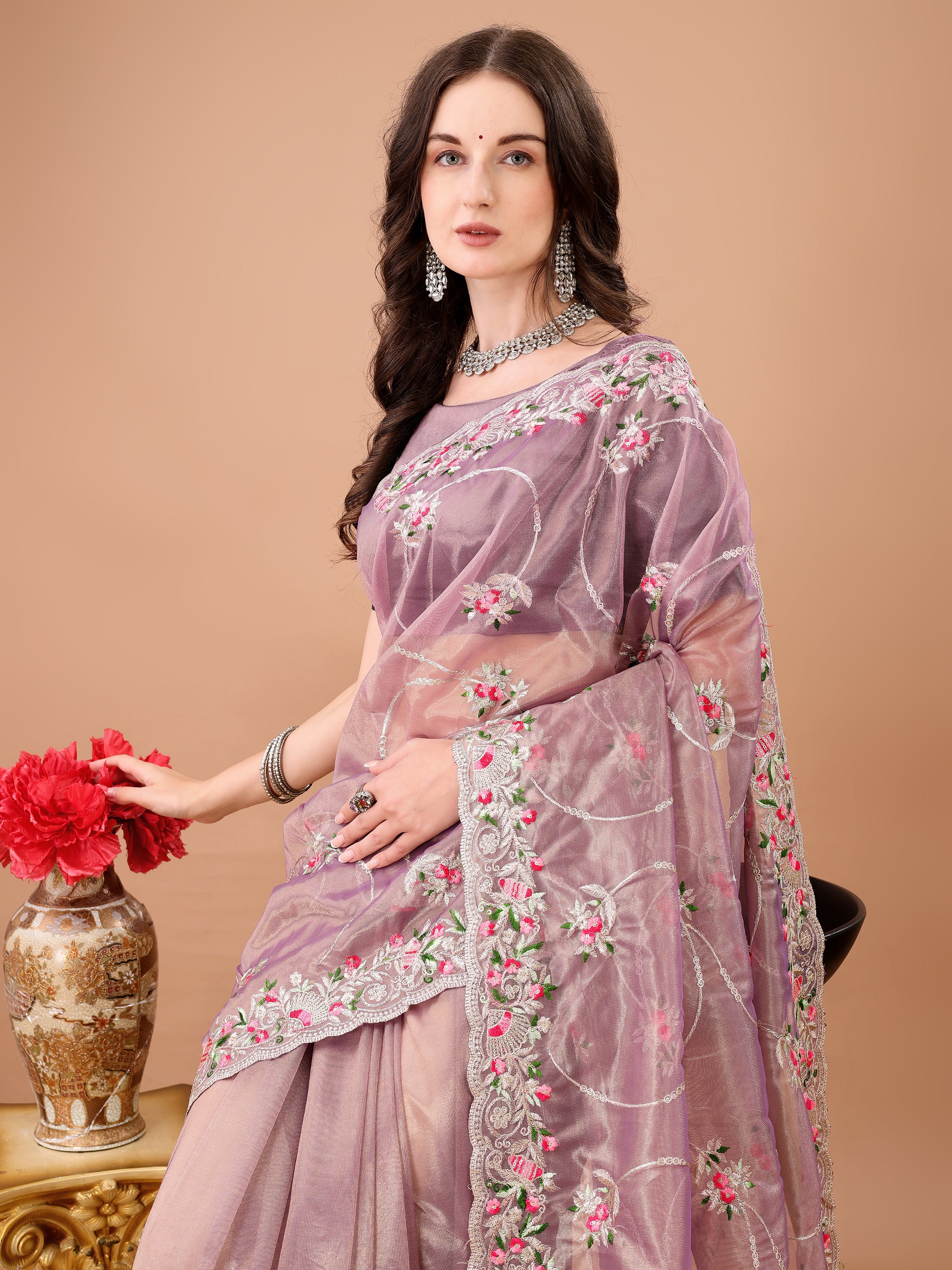 Floral Embroidered Twill Net Saree