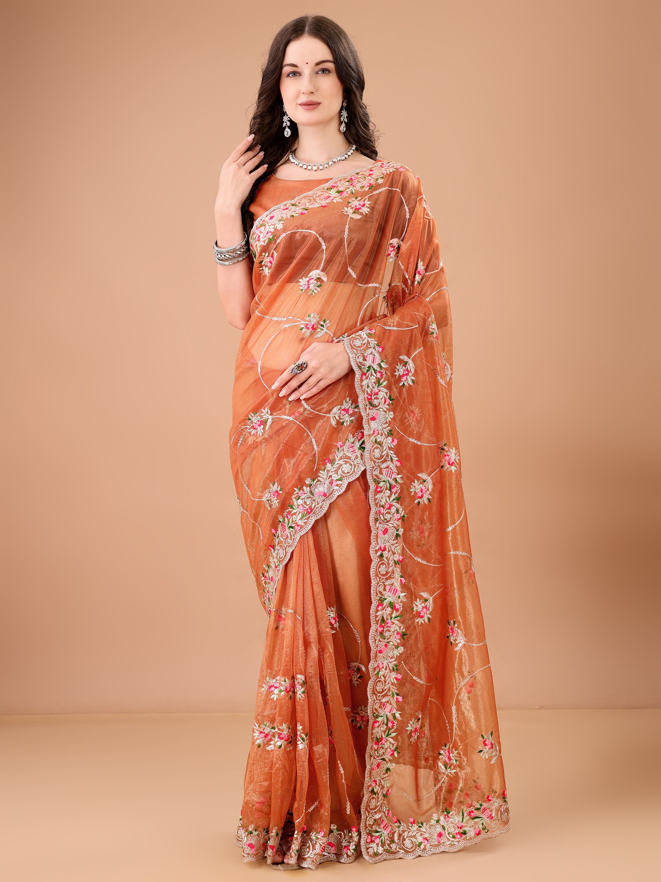 Floral Embroidered Twill Net Saree