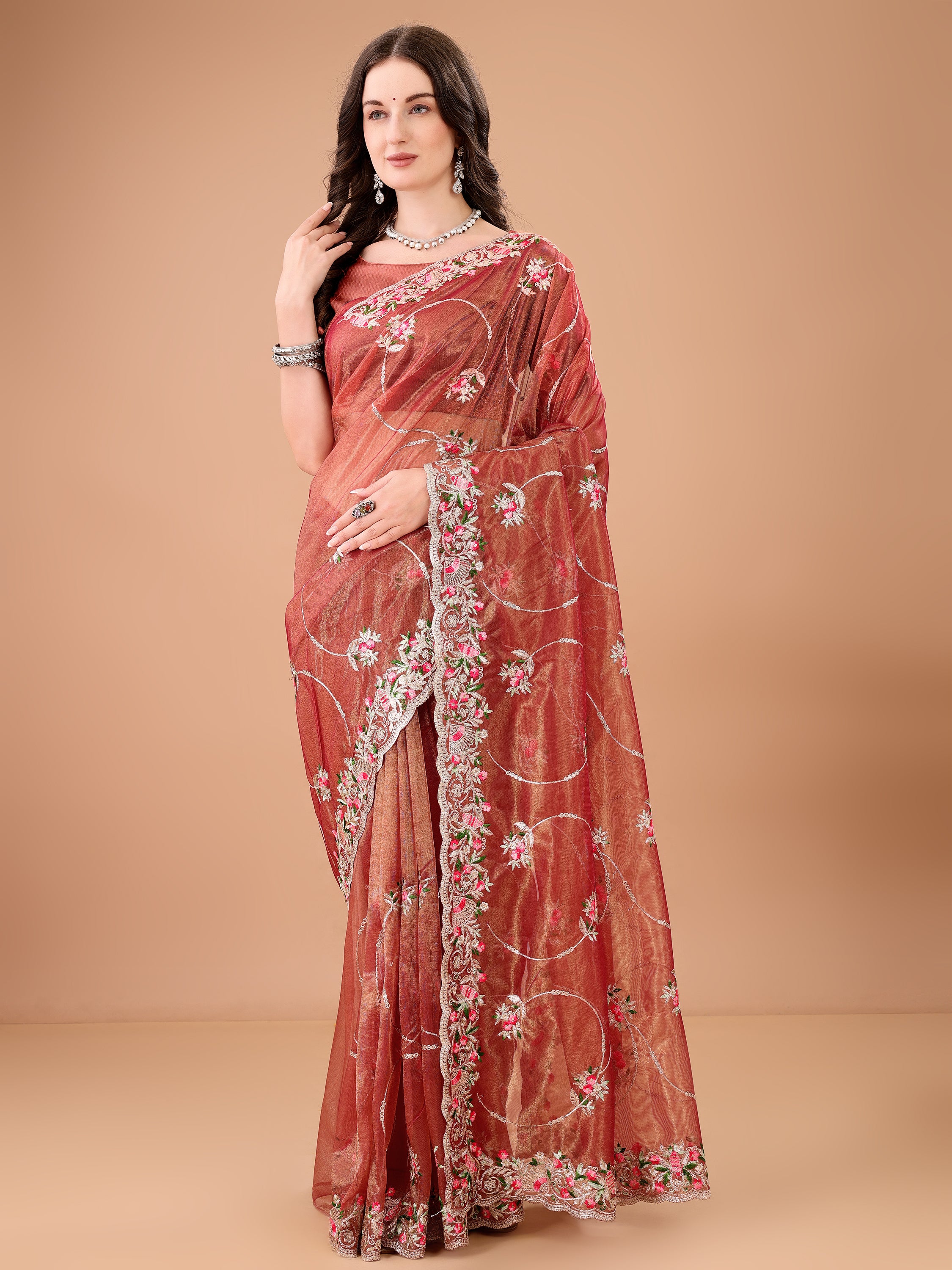Floral Embroidered Twill Net Saree