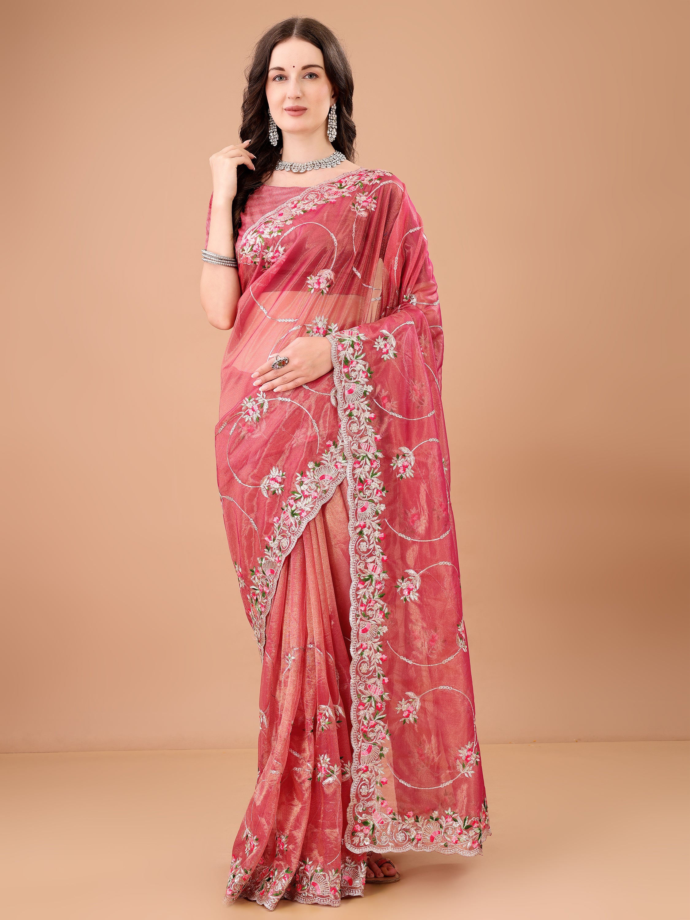 Floral Embroidered Twill Net Saree