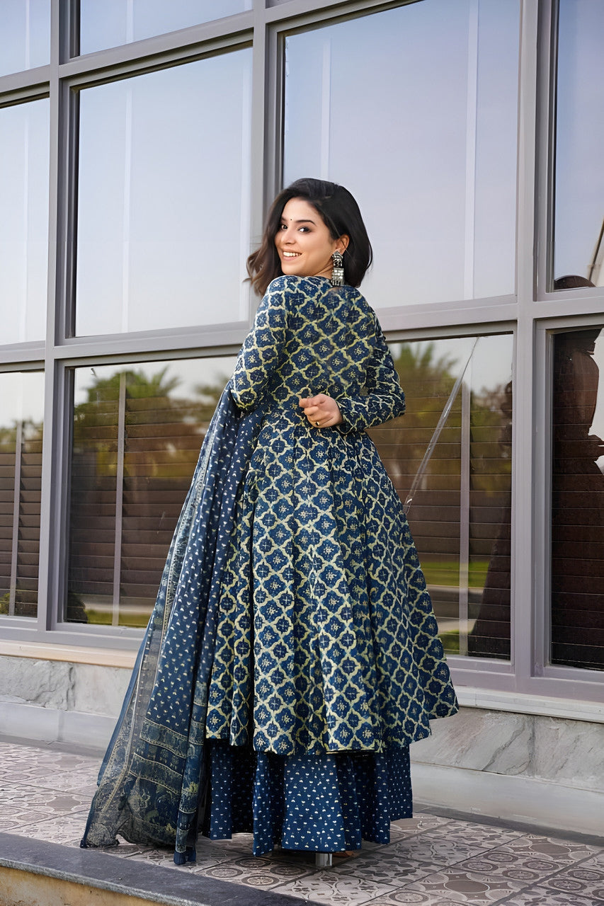 Navy Blue Printed Kurta with Palazzos with Dupatta