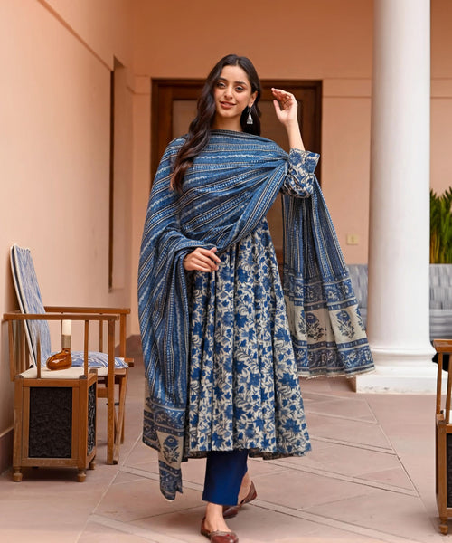 Blue Printed Kurta with Trousers and Dupatta