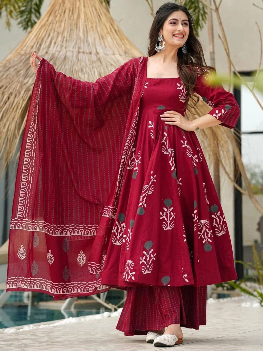 Maroon Printed Kurta with Palazzos with Dupatta