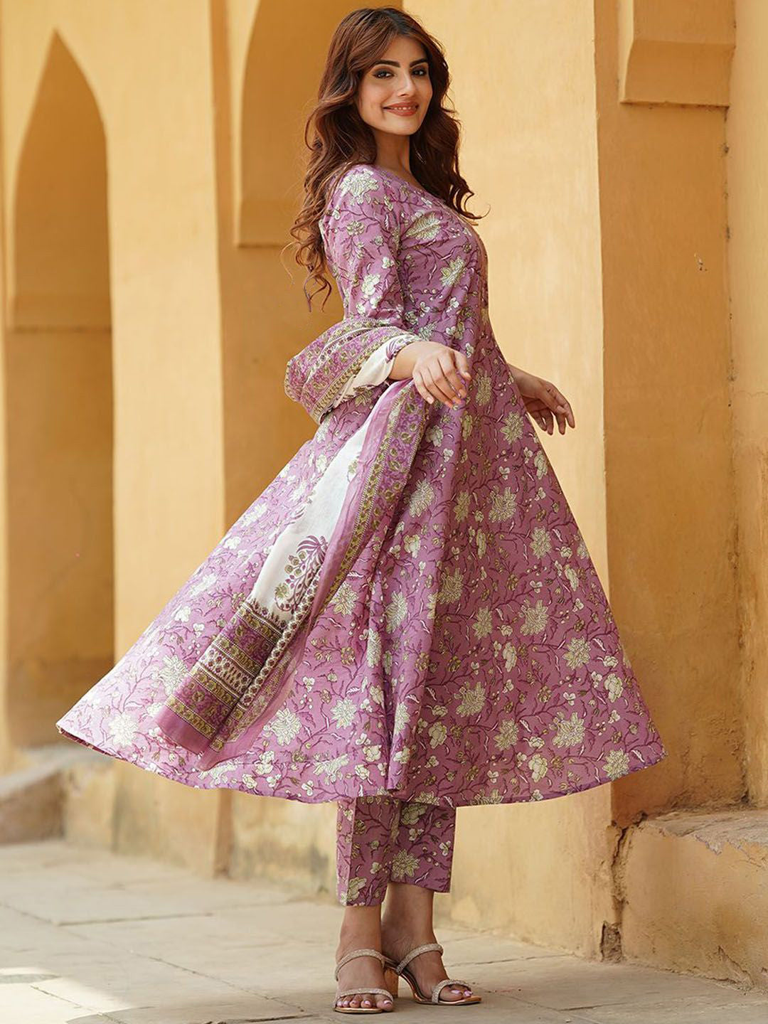 Lavender Printed Kurta with Trousers with Dupatta