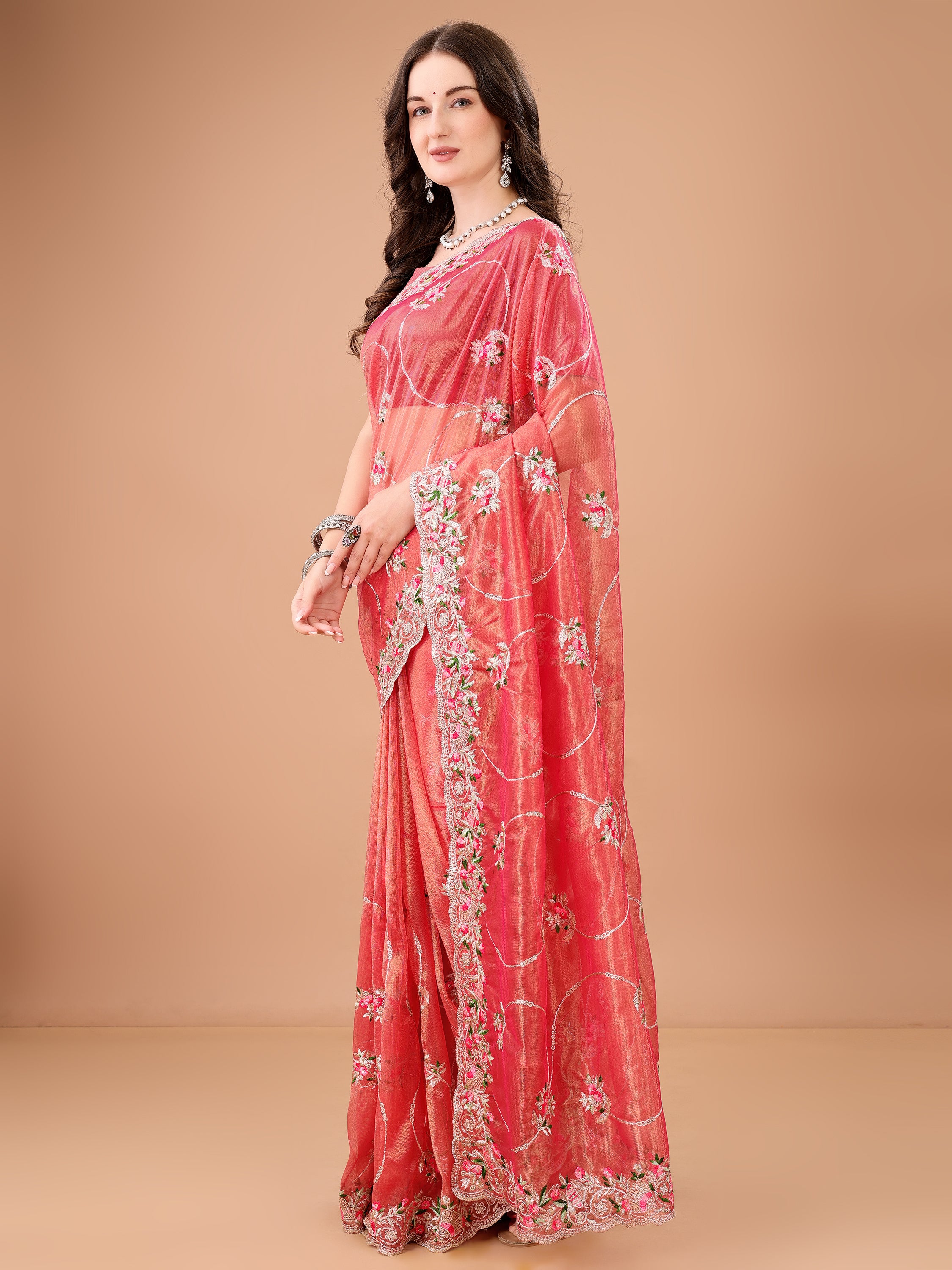 Floral Embroidered Twill Net Saree