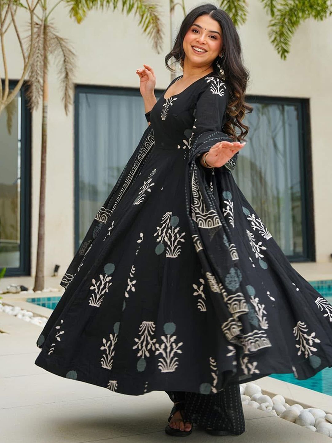 Black Printed Kurta with Trousers with Dupatta