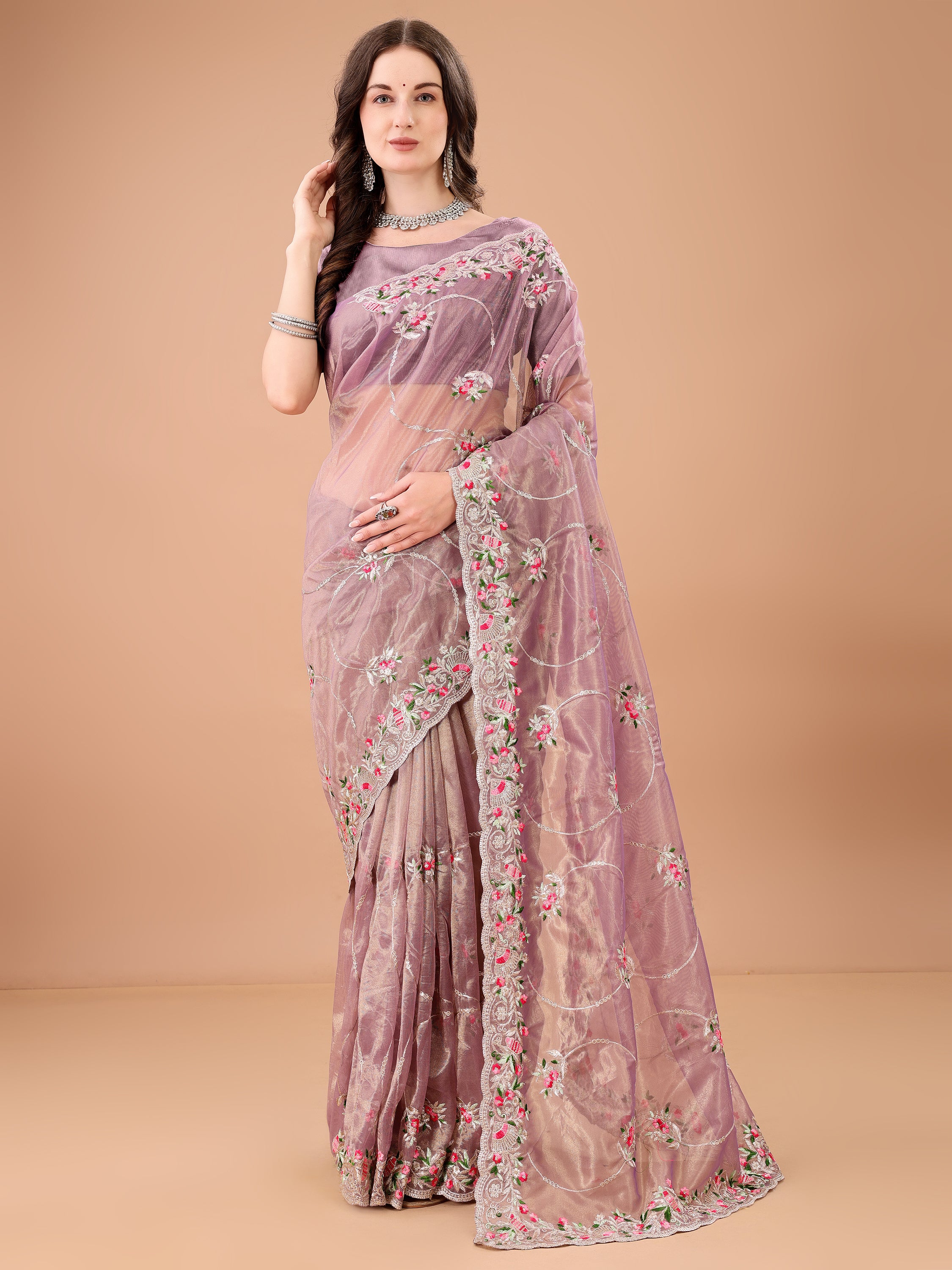 Floral Embroidered Twill Net Saree