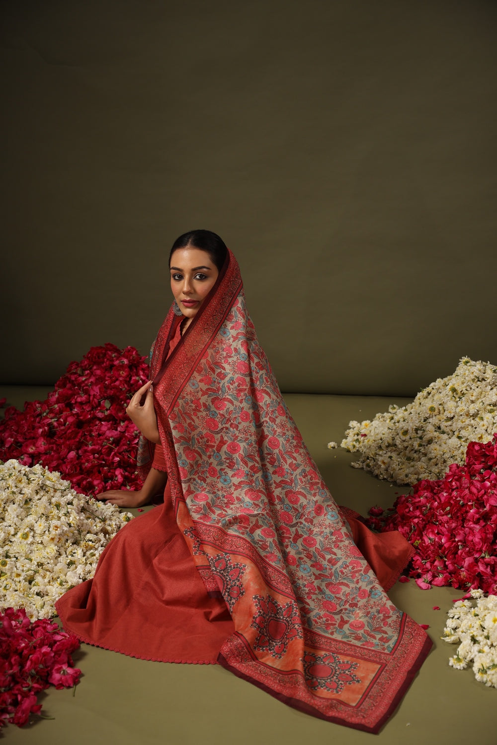 Red Self Design Kurta with Trousers with Dupatta