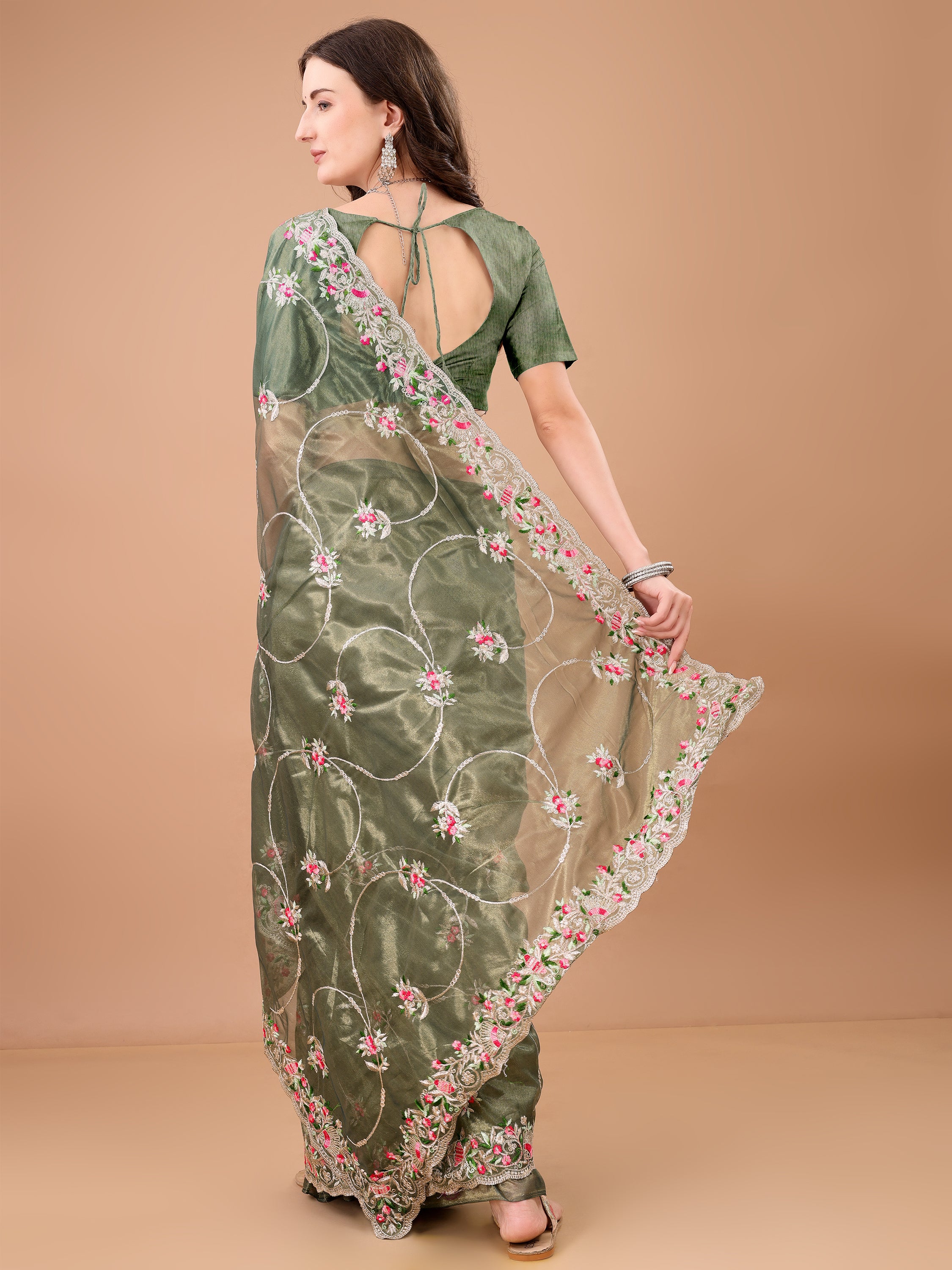 Floral Embroidered Twill Net Saree