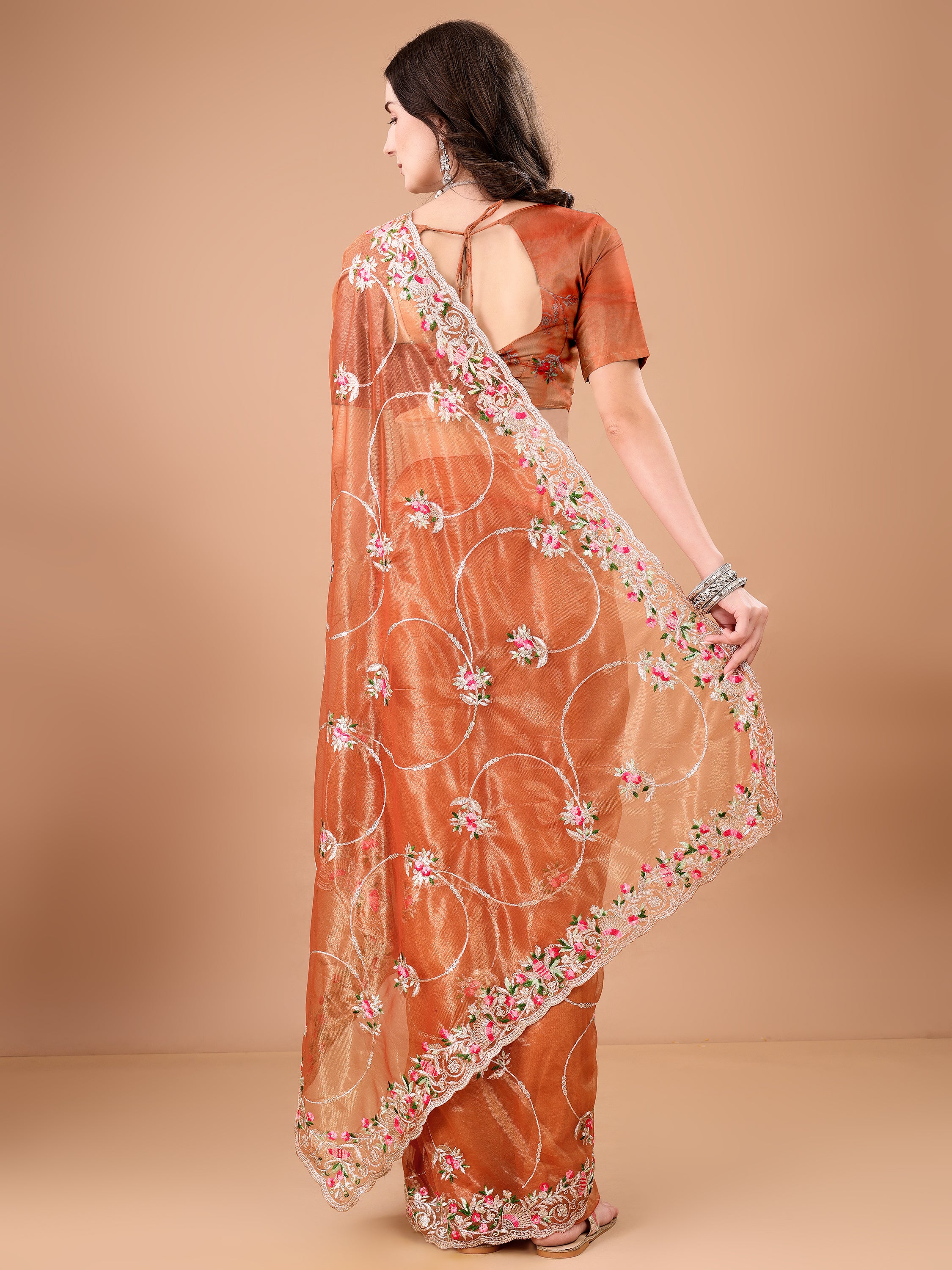 Floral Embroidered Twill Net Saree