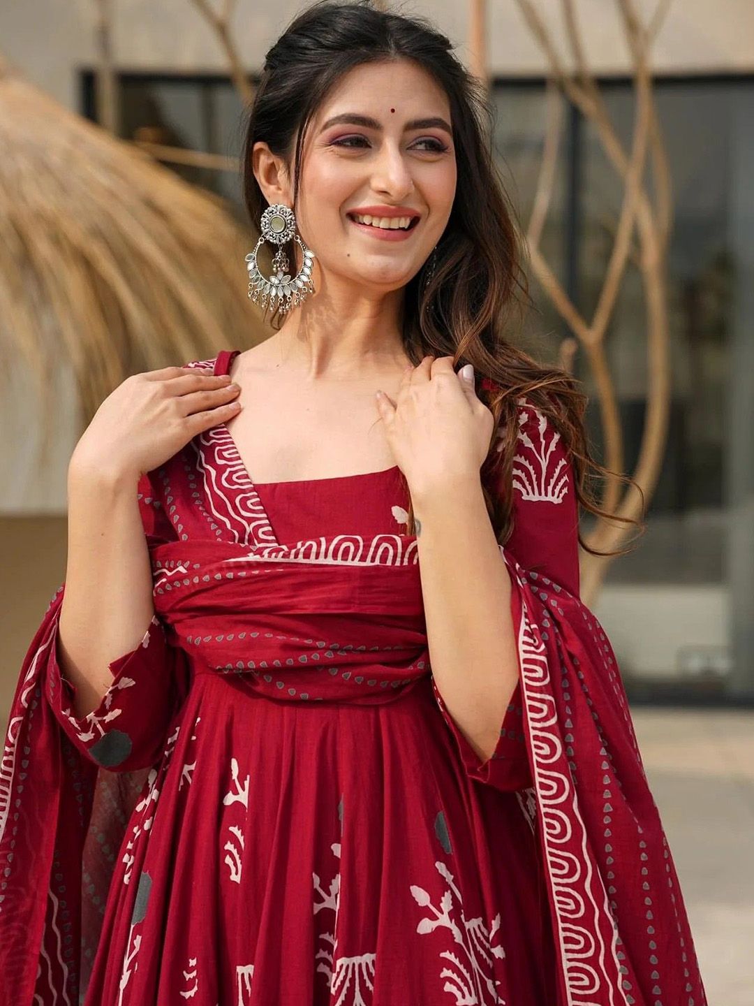 Maroon Printed Kurta with Palazzos with Dupatta