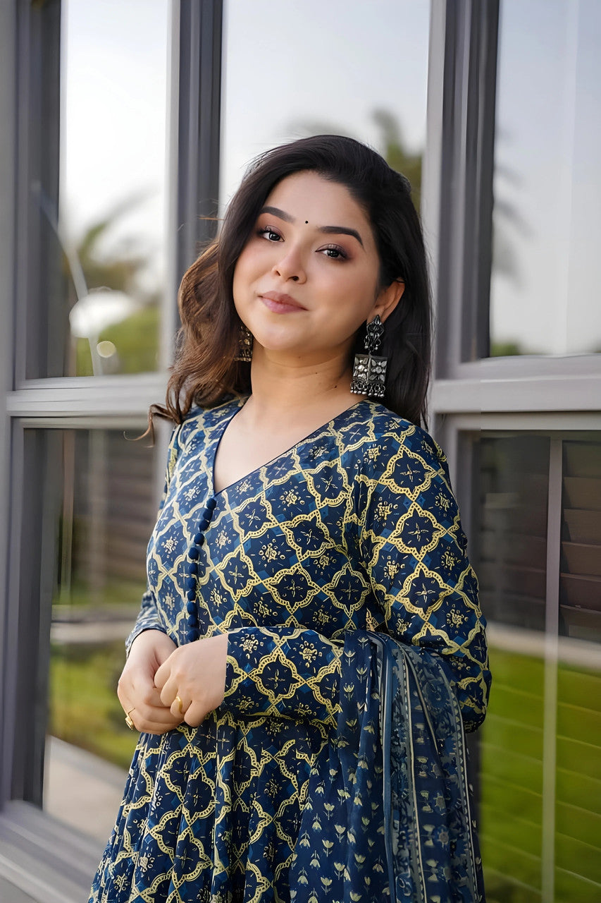 Navy Blue Printed Kurta with Palazzos with Dupatta