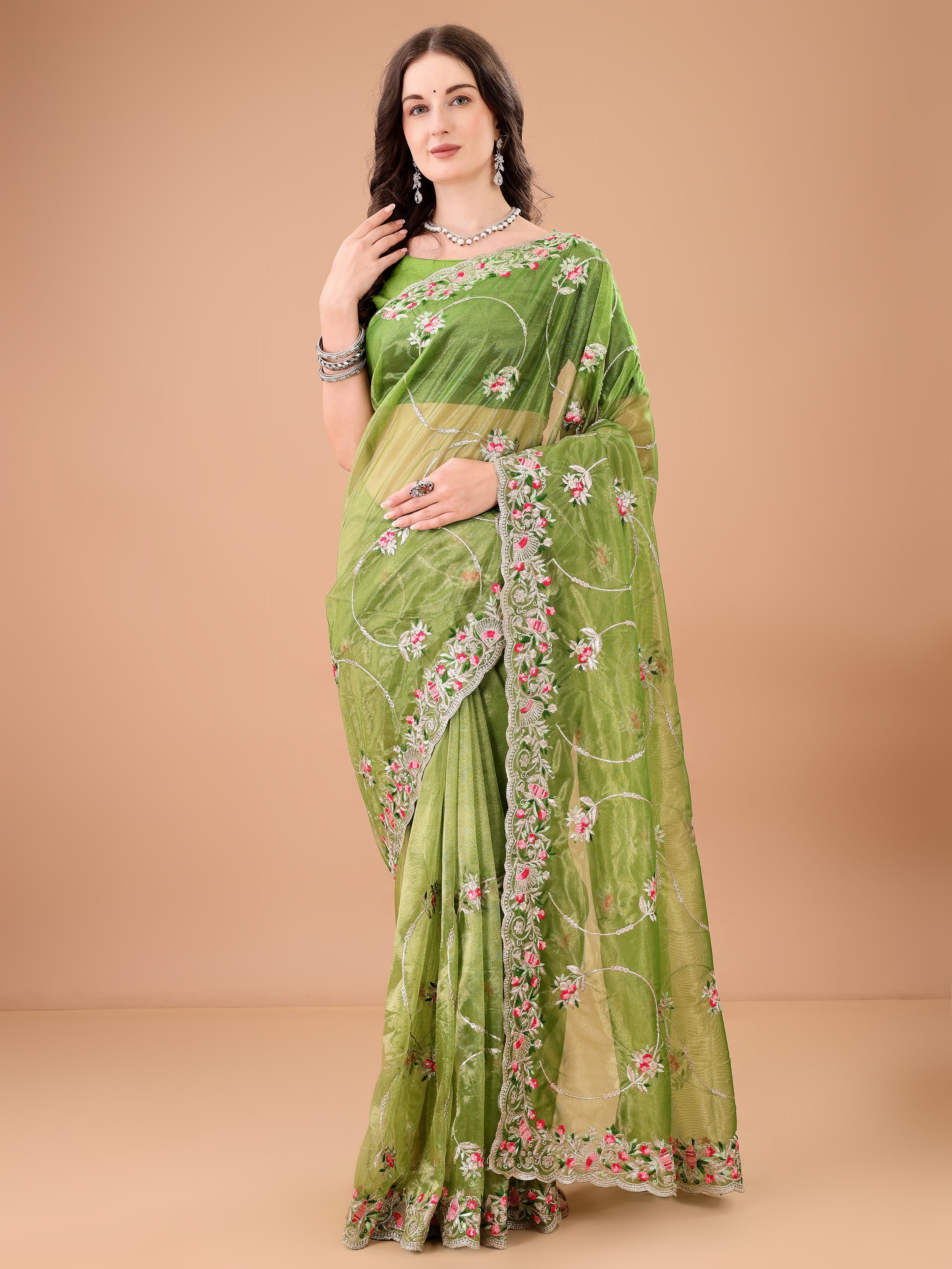 Floral Embroidered Twill Net Saree