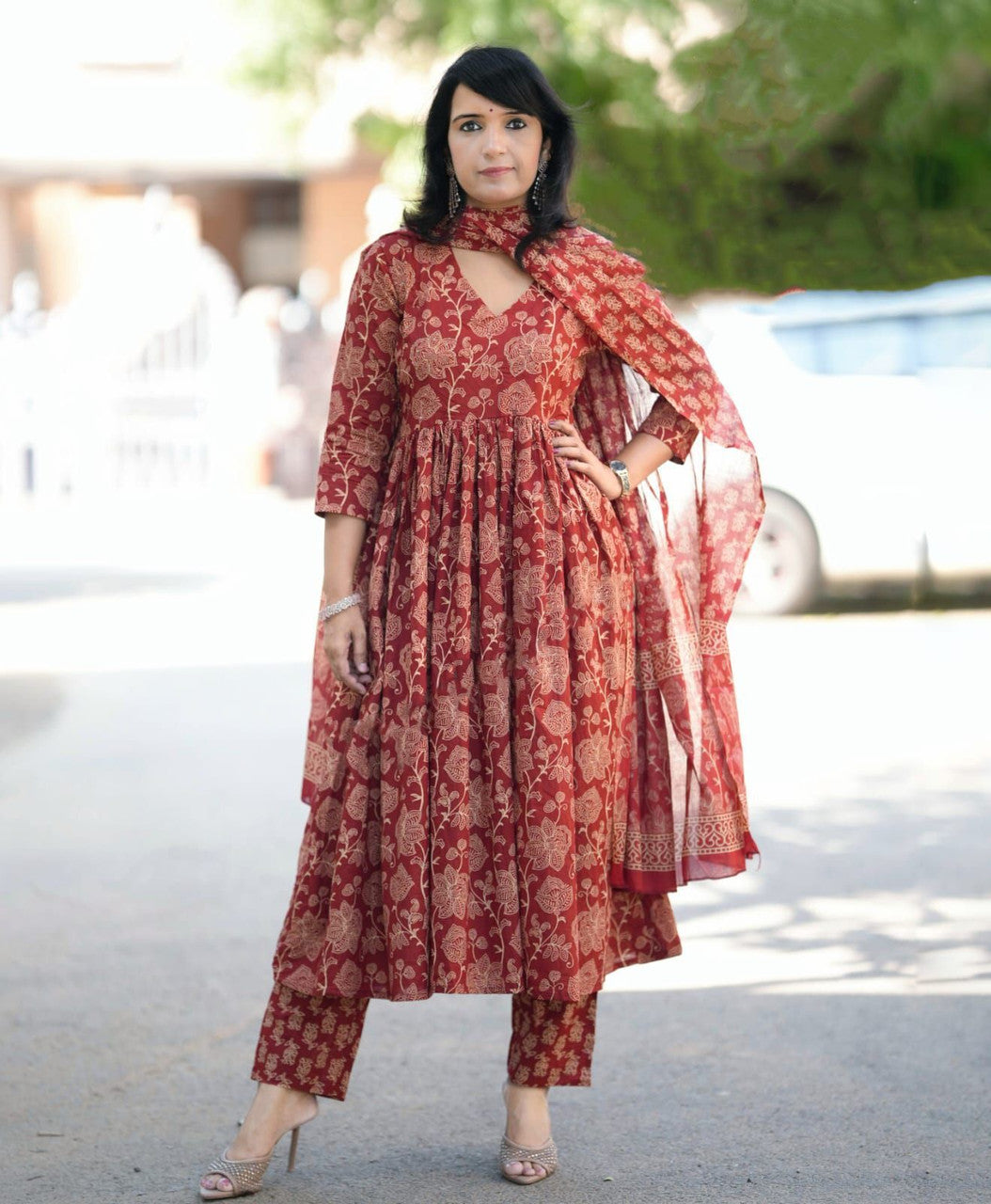 Red Printed Kurta with Trousers with Dupatta
