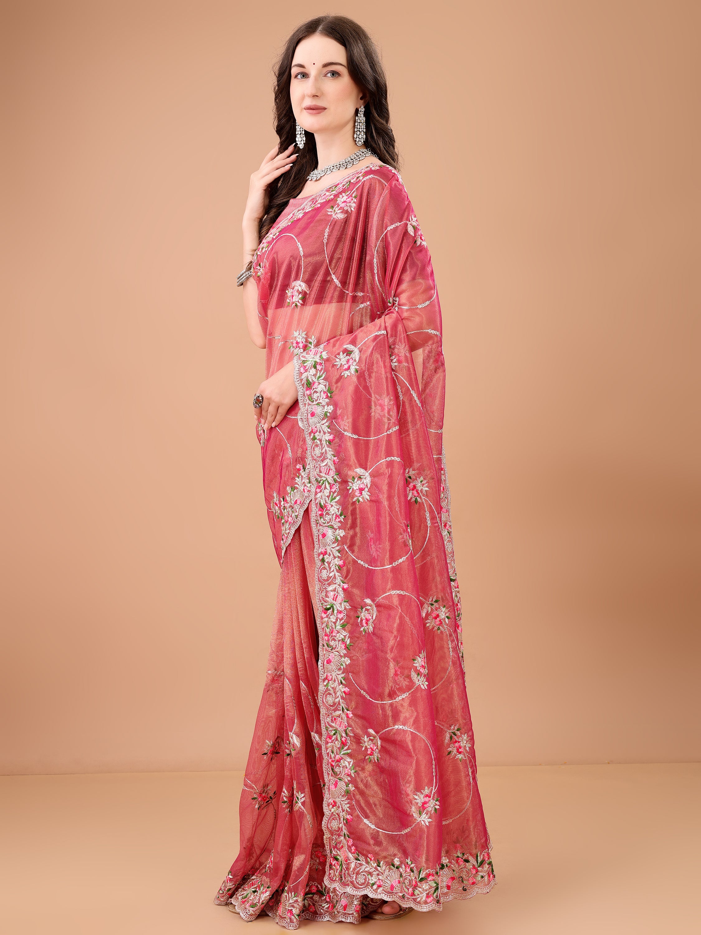 Floral Embroidered Twill Net Saree