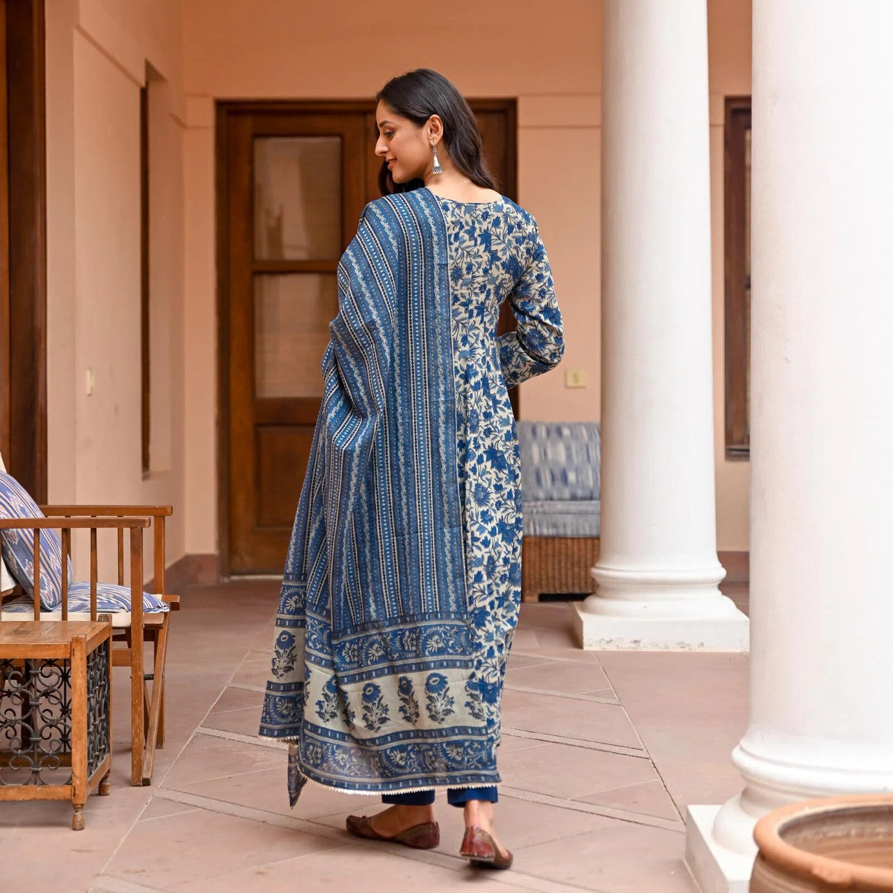 Blue Printed Kurta with Trousers and Dupatta