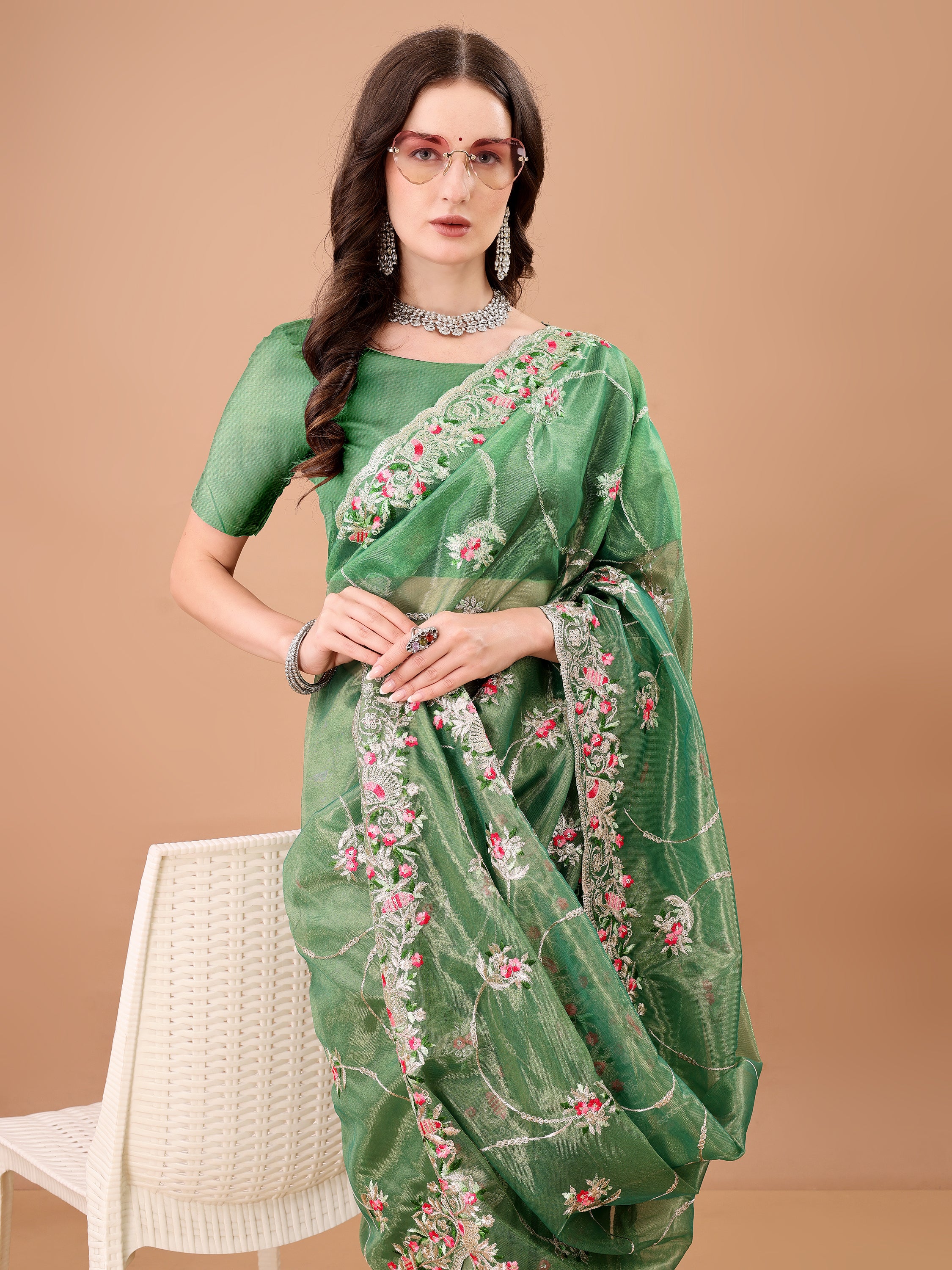 Floral Embroidered Twill Net Saree